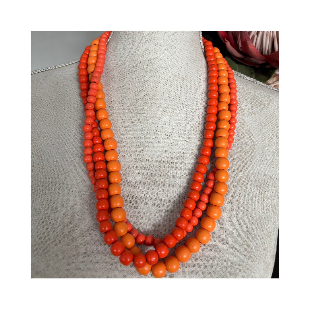 Necklace Multistring Bright Orange Wood Beads