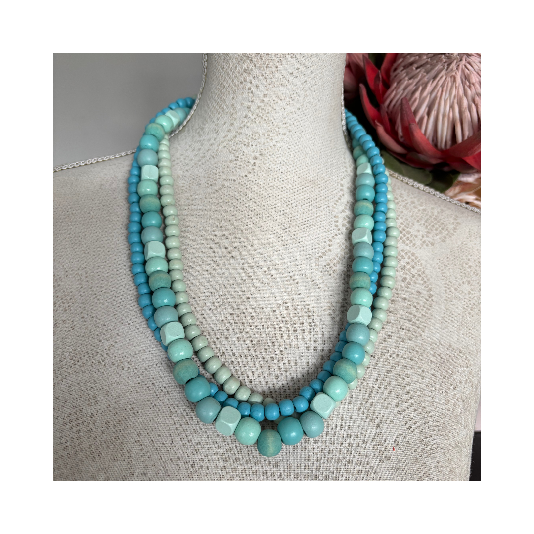 Necklace Multistring Aqua Teal Wood Beads