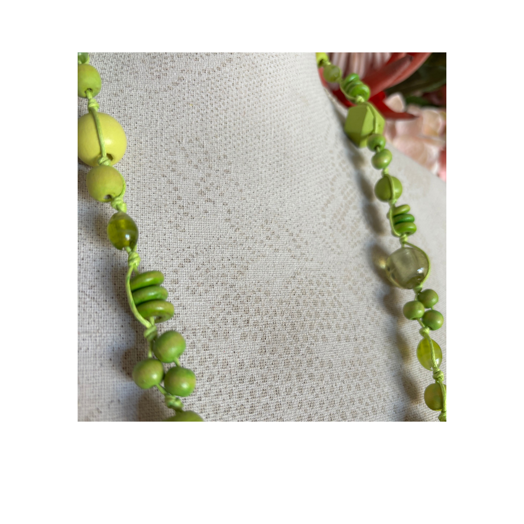 Necklace Knotted with Bright Green Beads