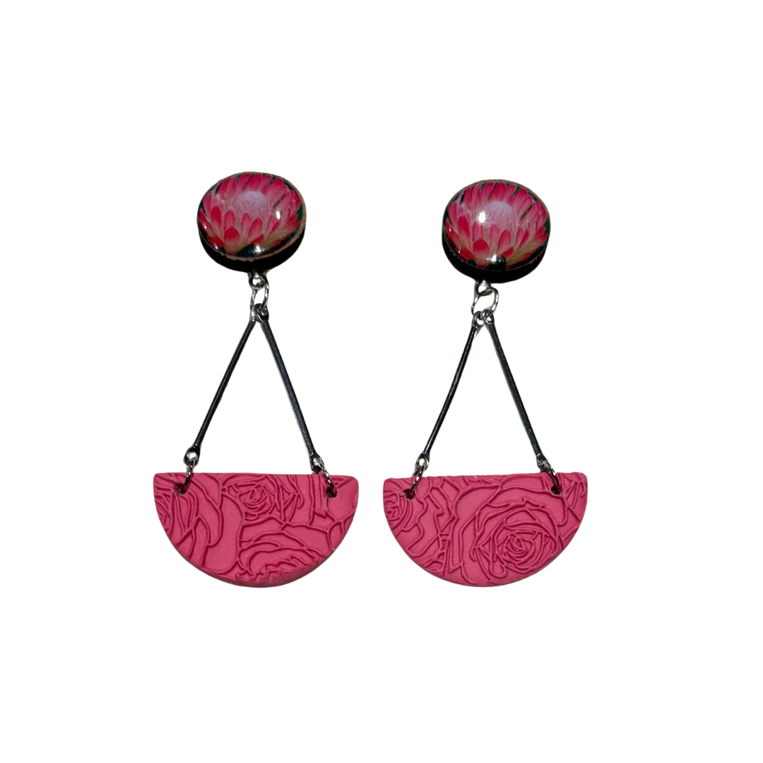 Clay Earrings Rose Relief Halves and Proteas