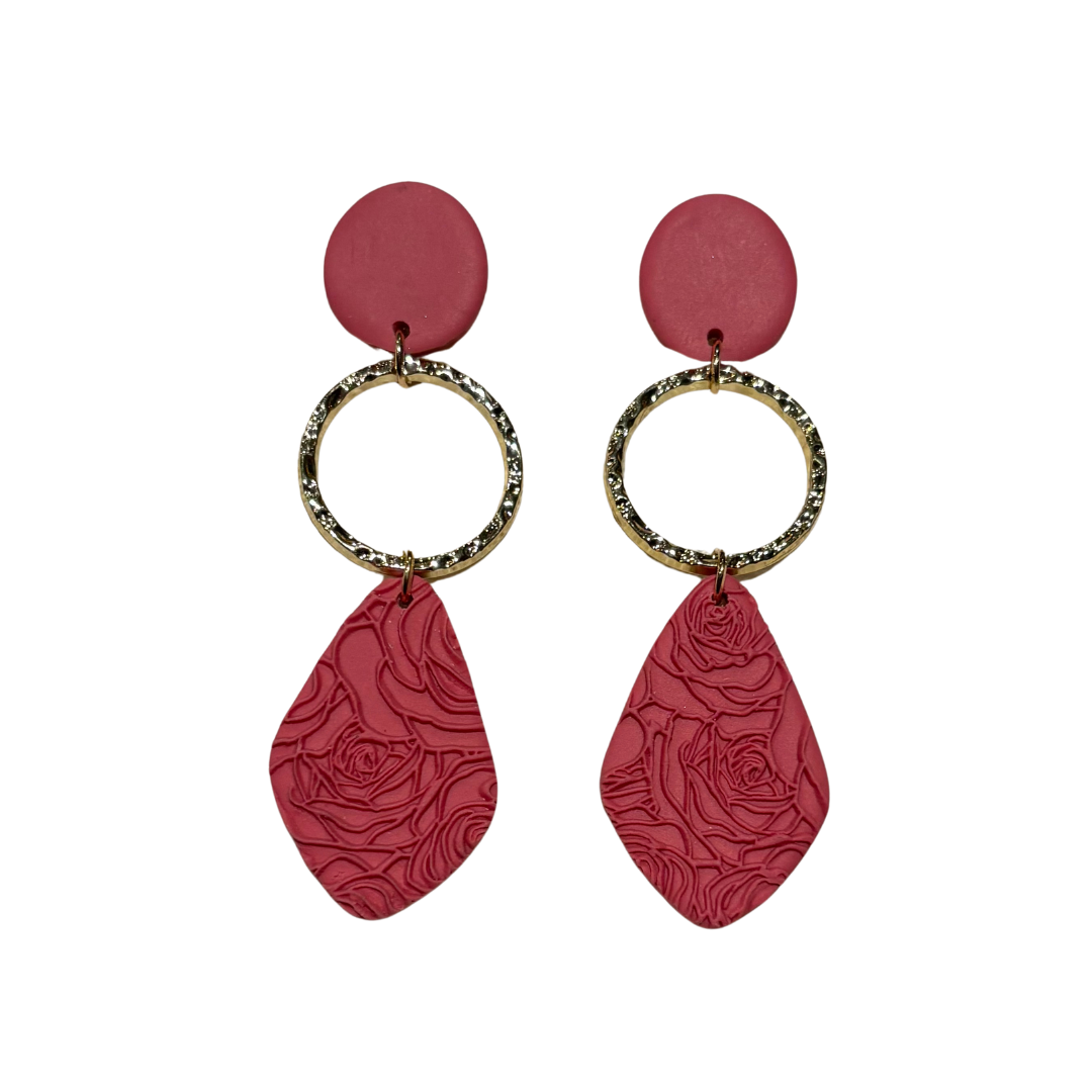 Clay Earrings Rose Relief and Gold Circles