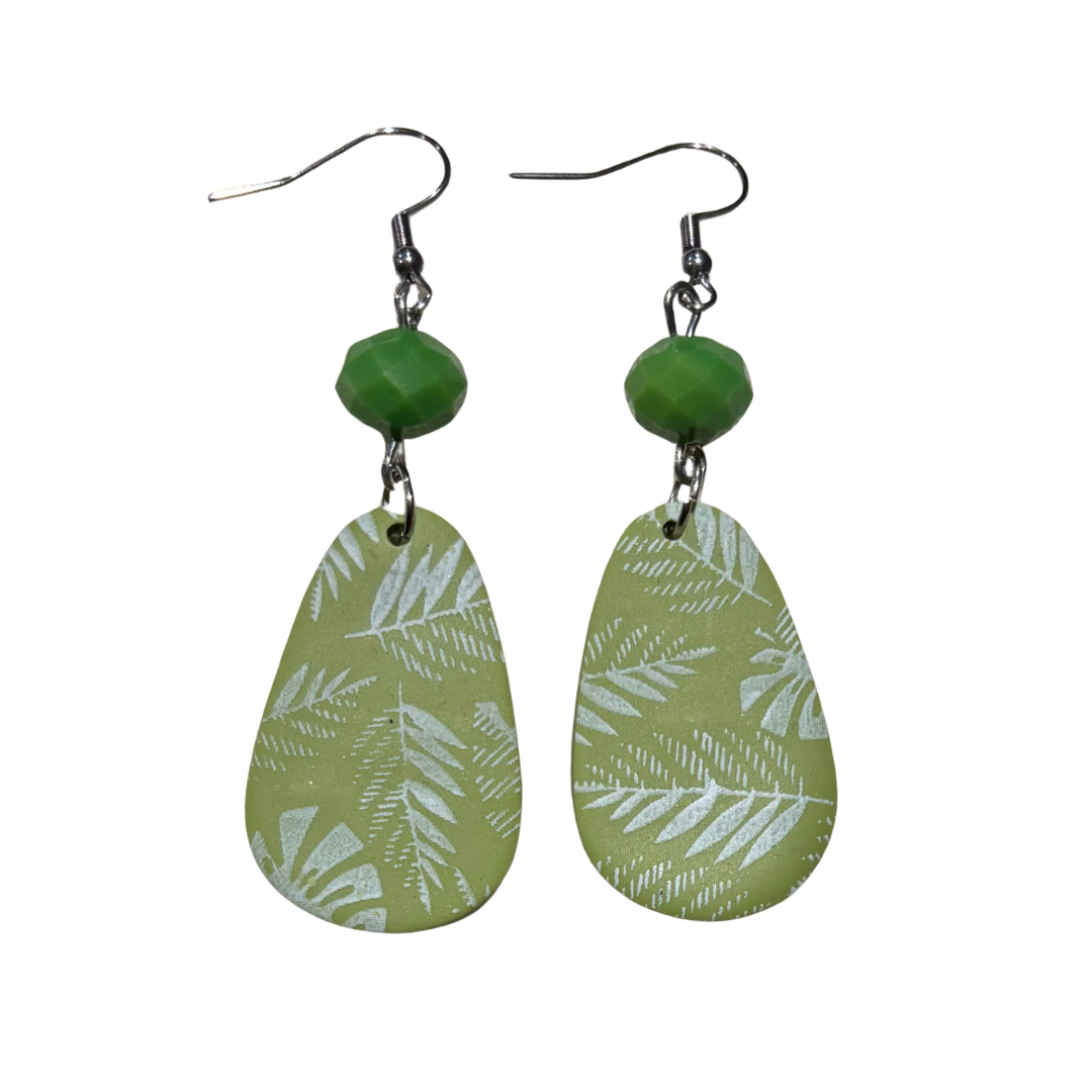 Clay Earrings Green Fern Leaf Dangles