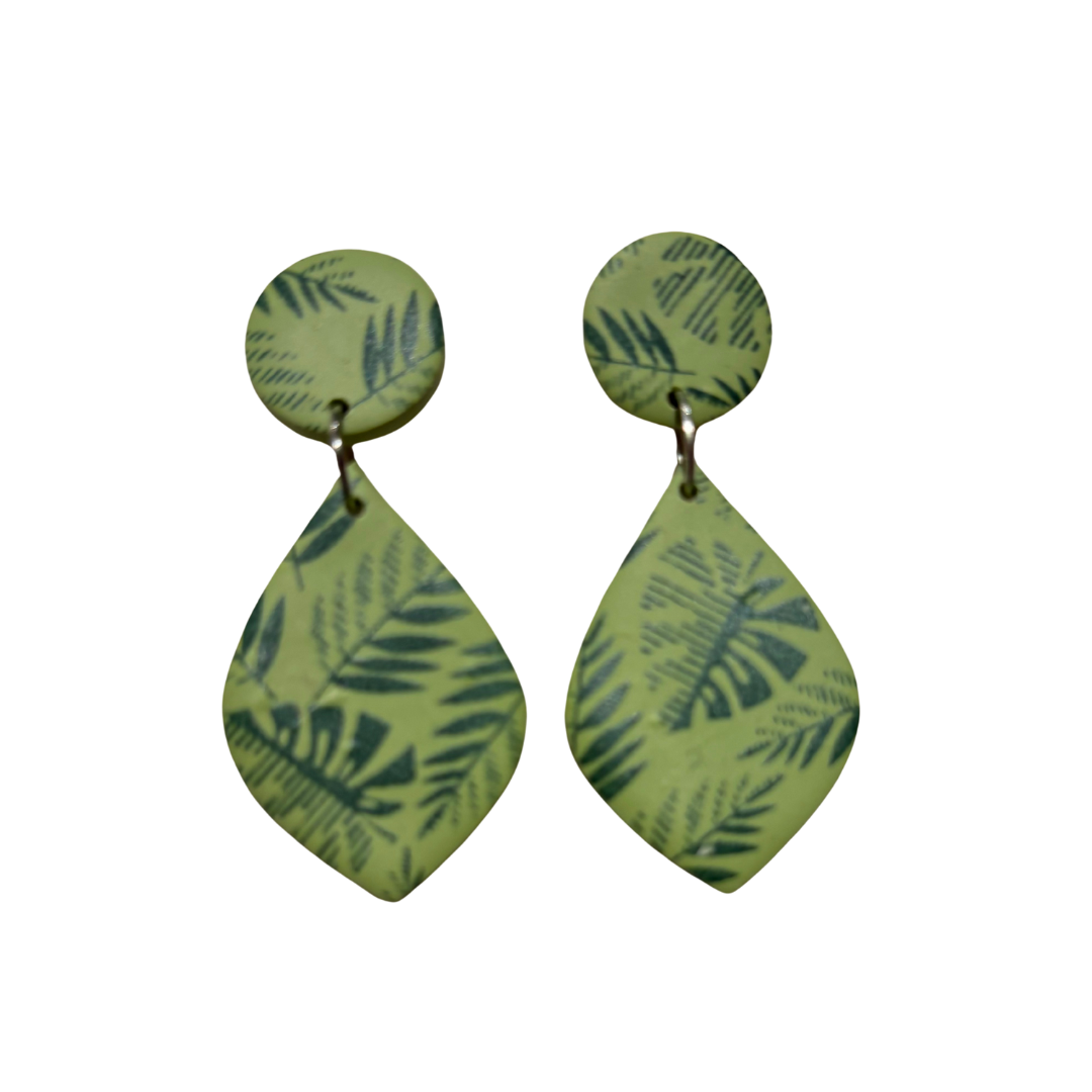 Clay Earrings Green Jungle Leaves