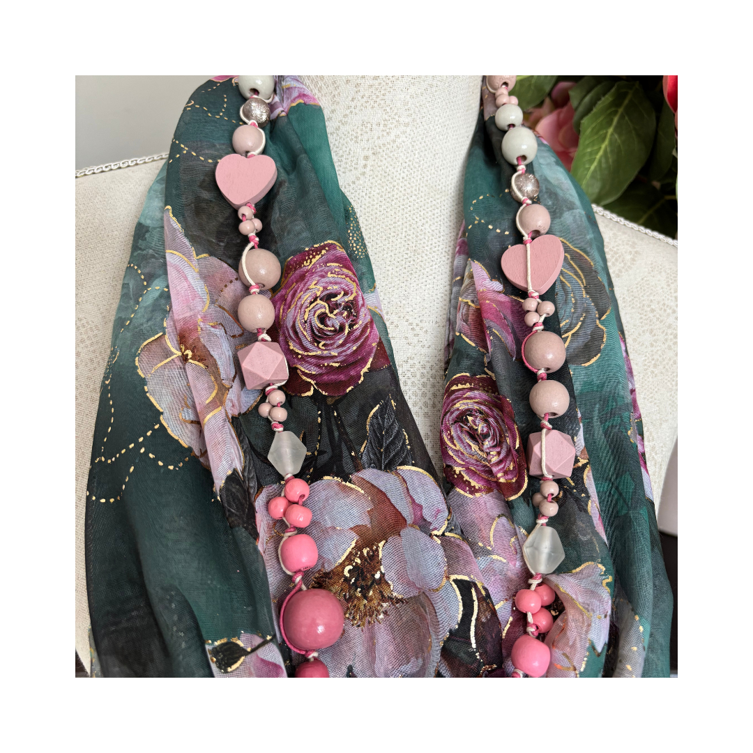 Teal Green with Roses and Gold Accents Scarf