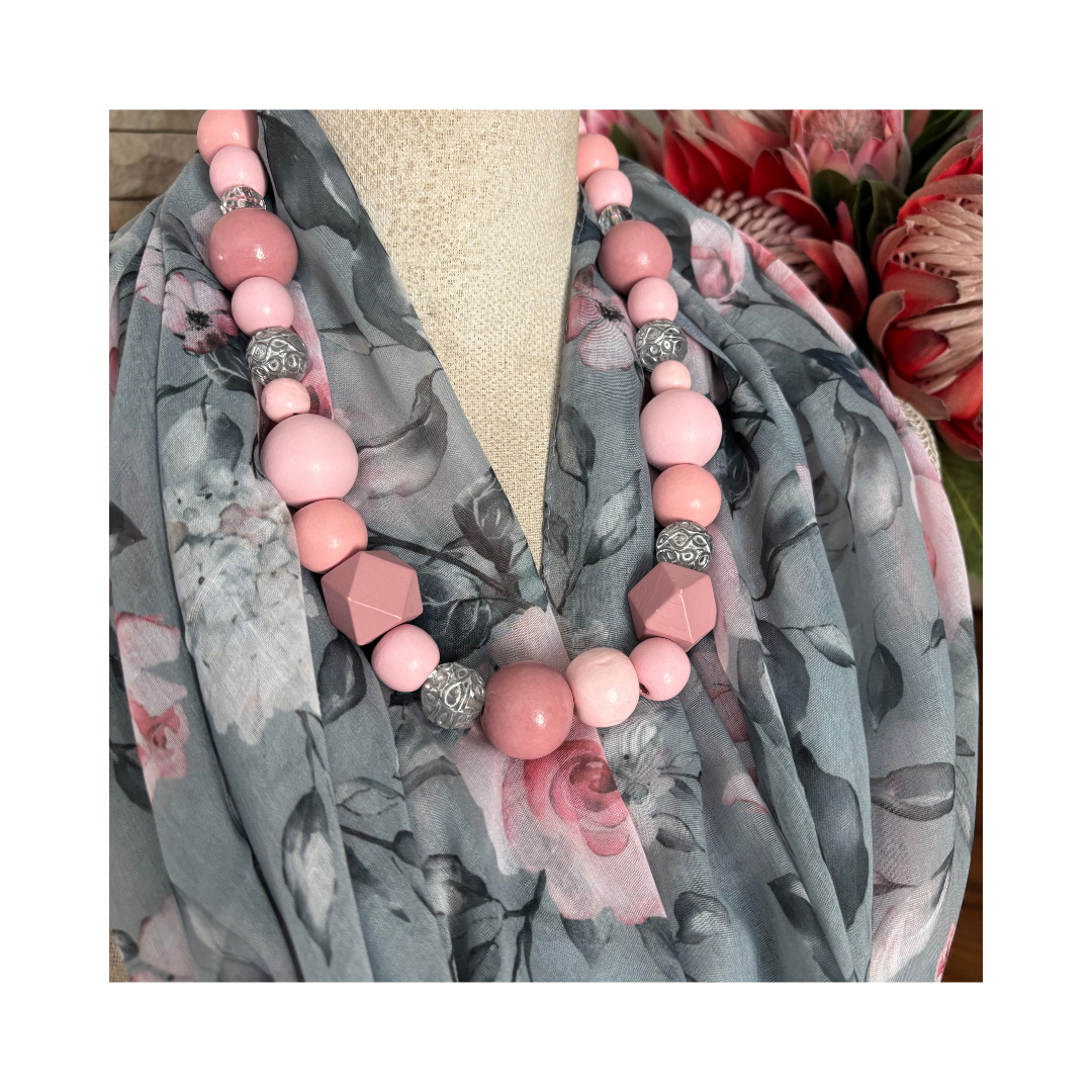 Grey with Pink Rose Scarf