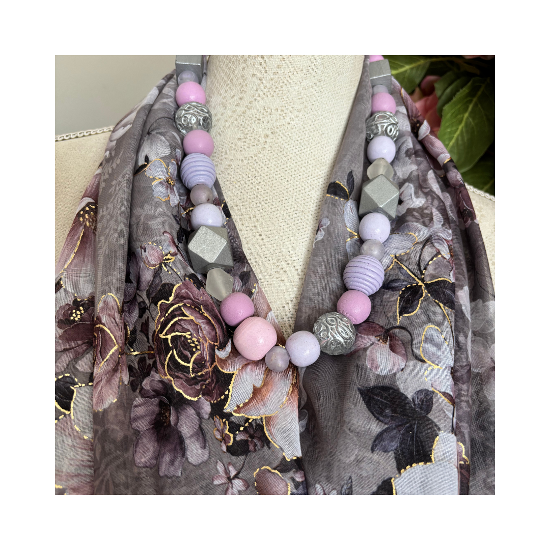 Lilac Grey with Roses and Gold Accents Scarf