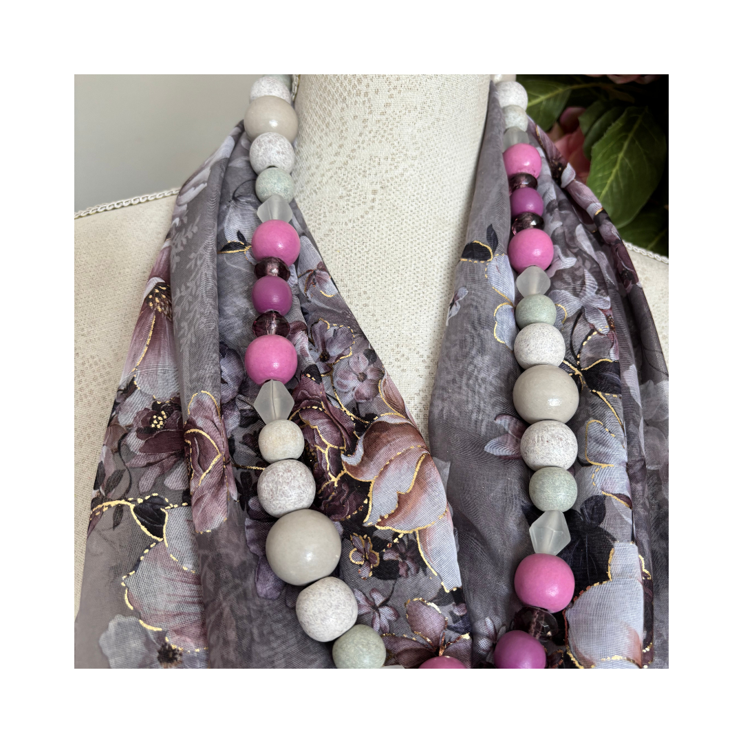 Lilac Grey with Roses and Gold Accents Scarf