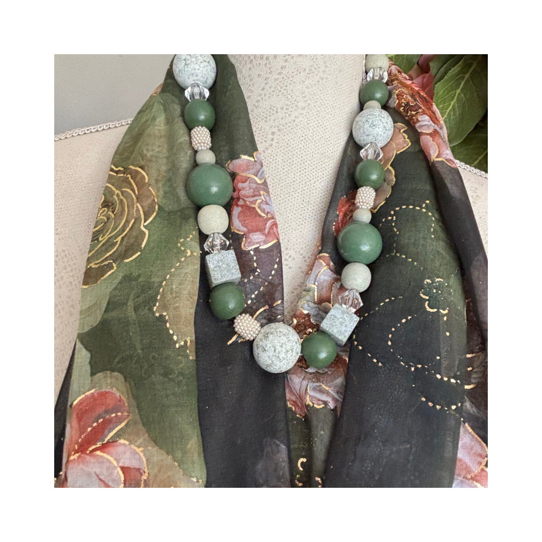Olive Green with Roses and Gold Accents Scarf