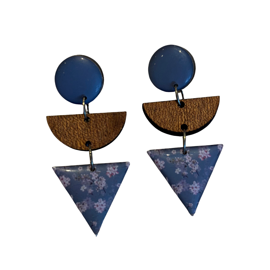 Blue Grey Triangle Floral Wood Earrings
