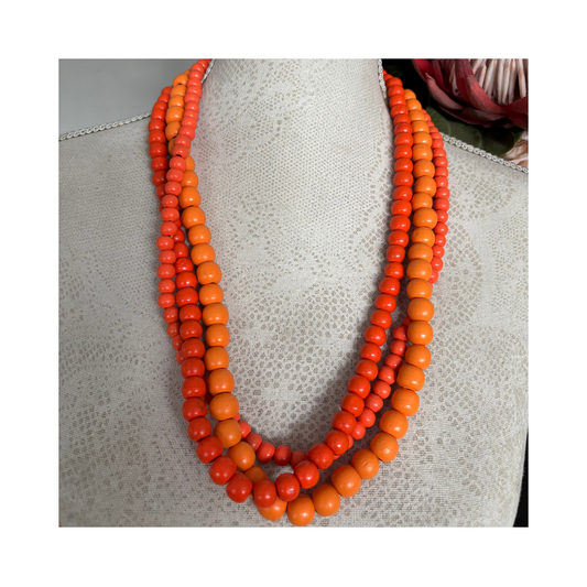 Necklace Multistring Bright Orange Wood Beads