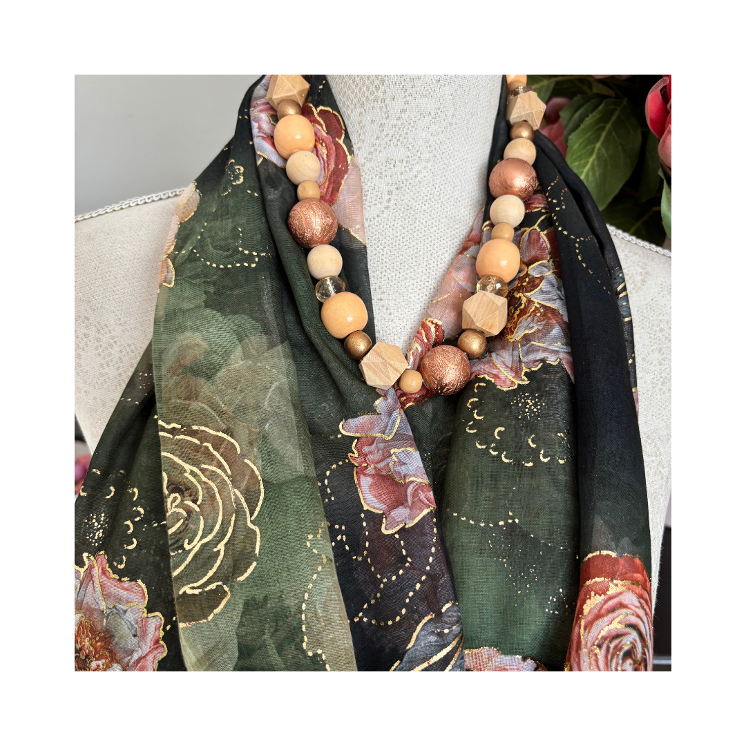 Olive Green with Roses and Gold Accents Scarf