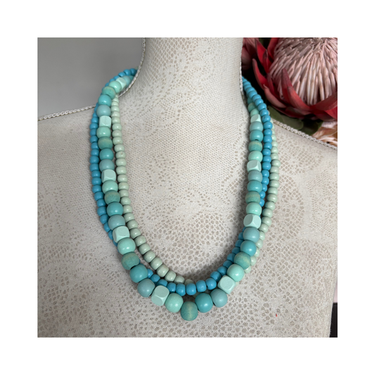 Necklace Multistring Aqua Teal Wood Beads