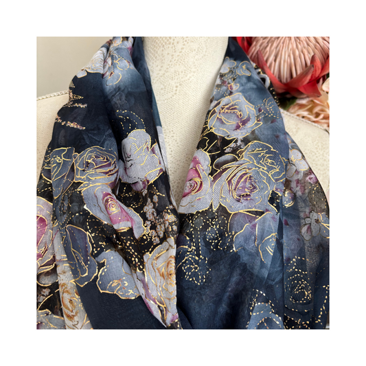 Dark Grey with Pink Roses and Gold Accents Scarf