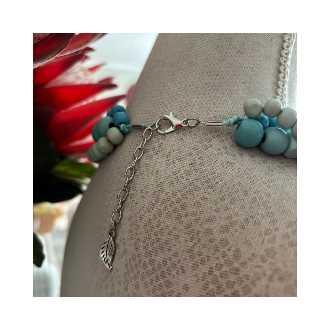 Necklace Multistring Aqua Teal Wood Beads