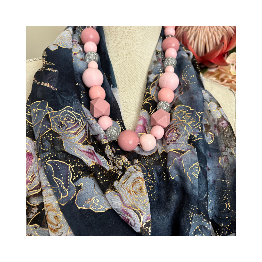 Dark Grey with Pink Roses and Gold Accents Scarf