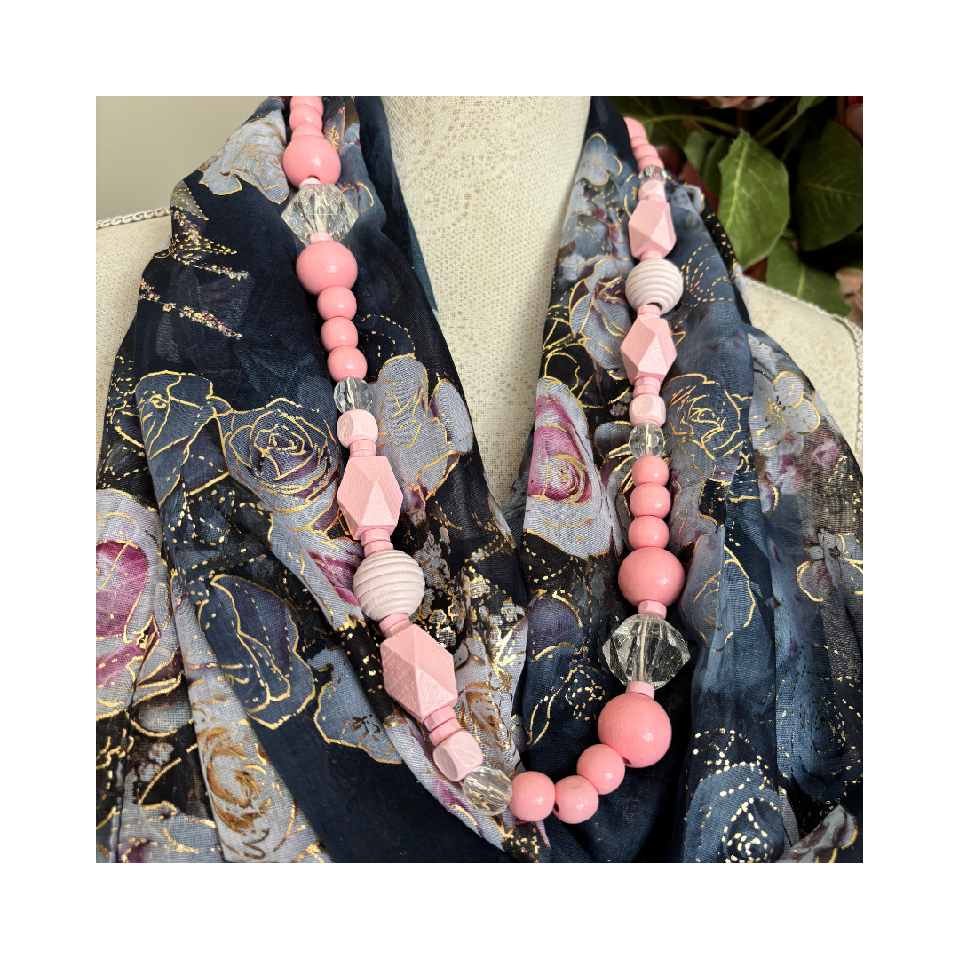Dark Grey with Pink Roses and Gold Accents Scarf