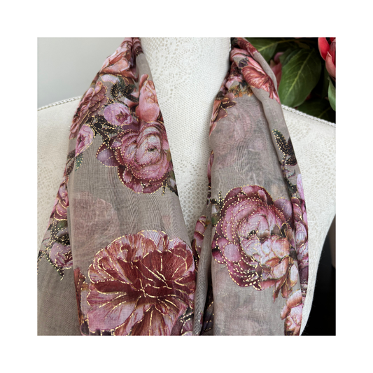 Soft Stone with Roses and Gold Accents Scarf