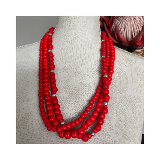 Necklace Multistring Red Wood Beads