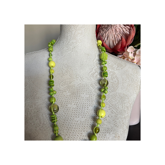 Necklace Knotted with Bright Green Beads