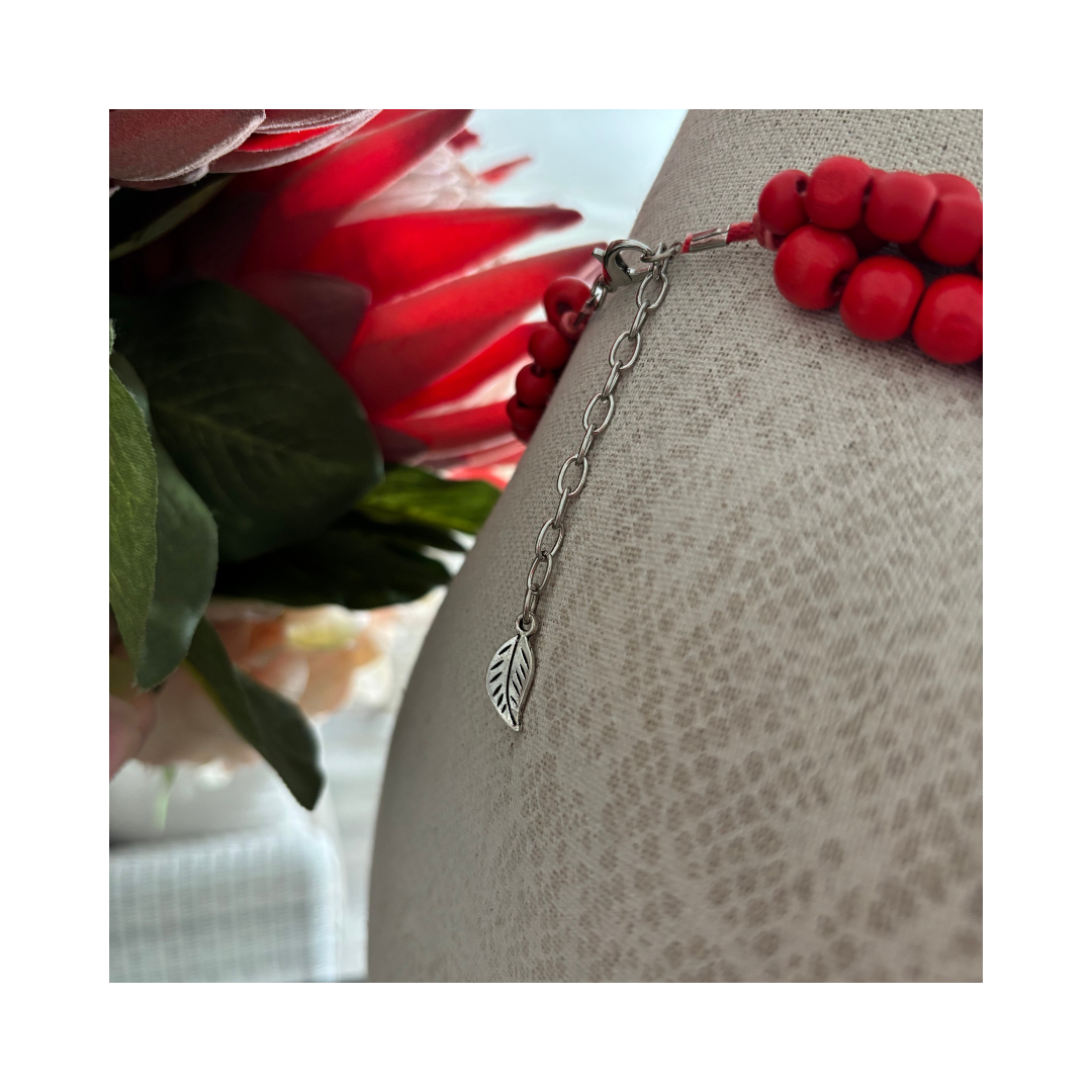 Necklace Multistring Red Wood Beads