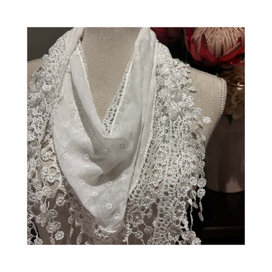 White Lace Embroidered Scarf