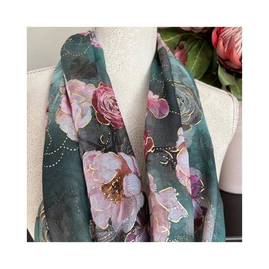 Teal Green with Roses and Gold Accents Scarf