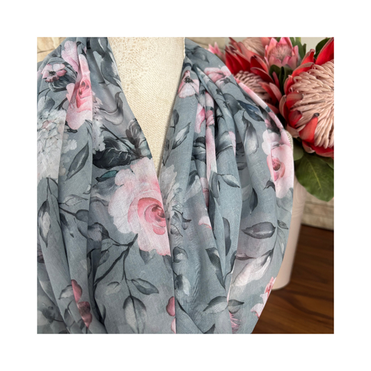 Grey with Pink Rose Scarf