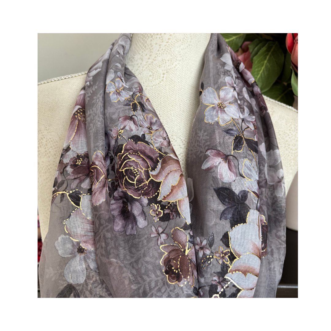 Lilac Grey with Roses and Gold Accents Scarf