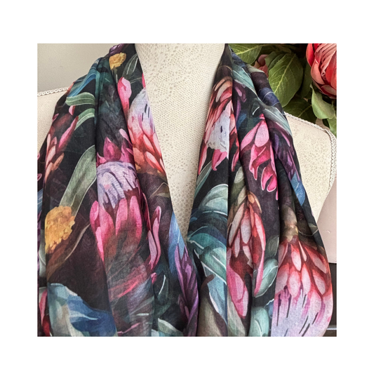 Bright Proteas and Gold Accents Scarf