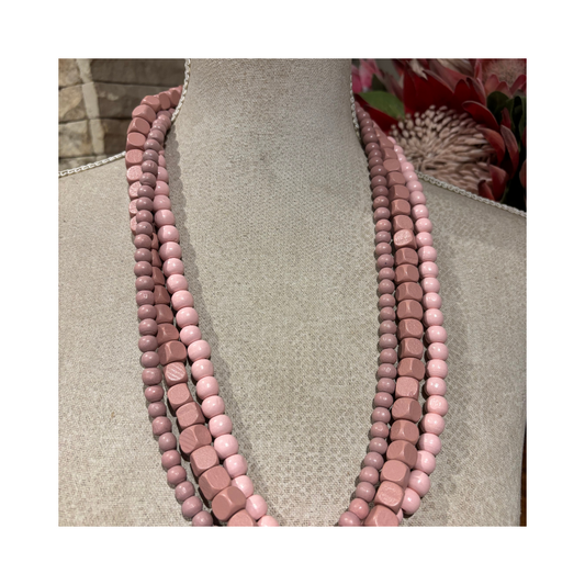 Necklace Multistring Pink Wood Beads