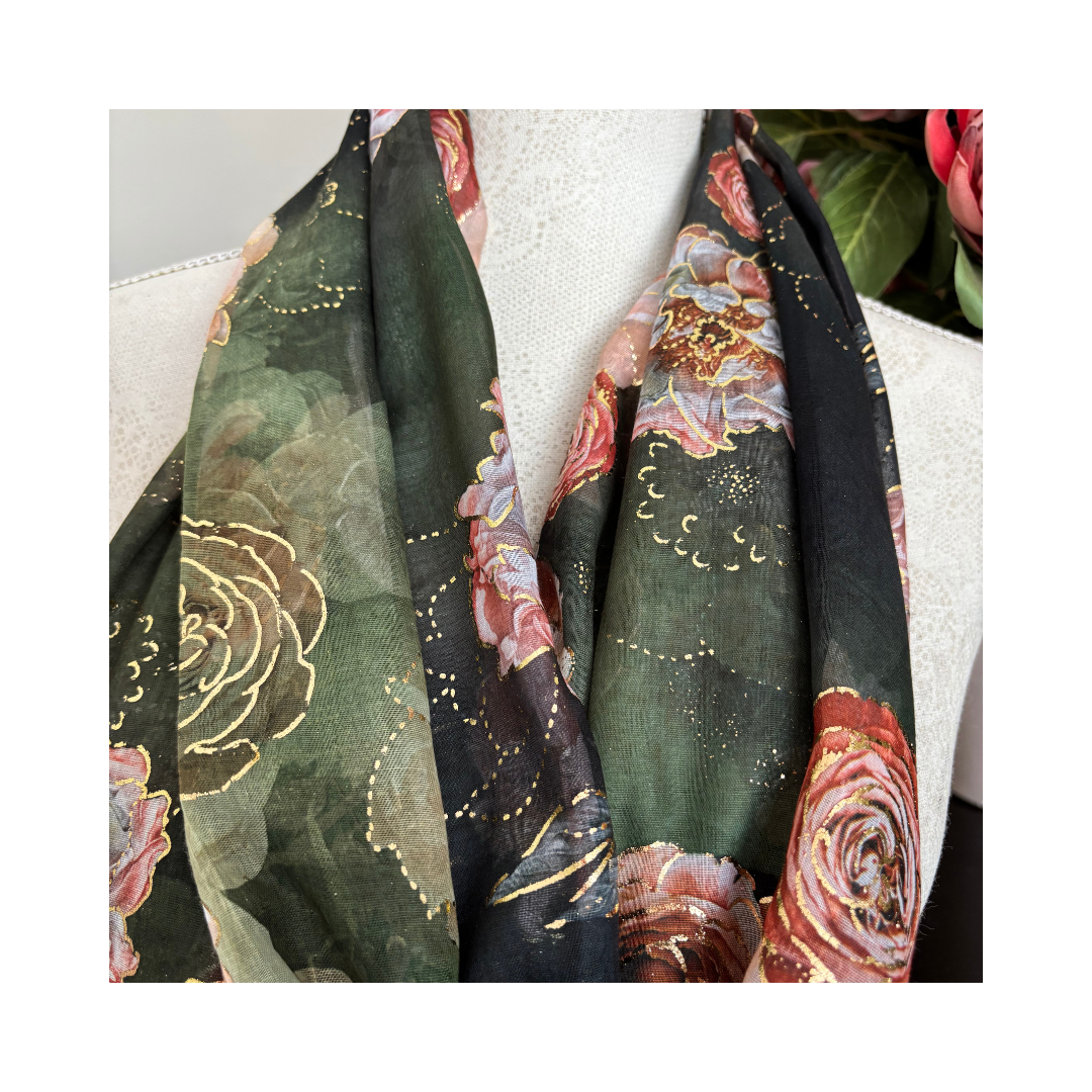 Olive Green with Roses and Gold Accents Scarf
