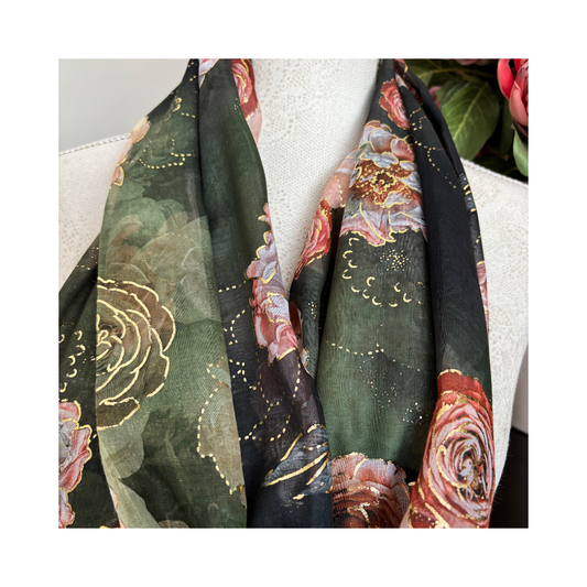 Olive Green with Roses and Gold Accents Scarf