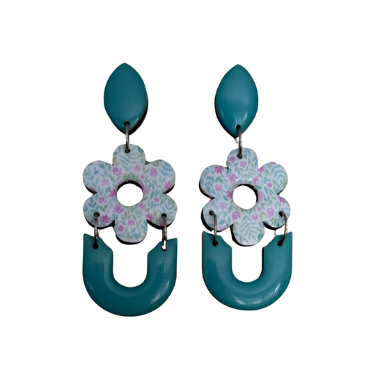Teal Arch Flower Earrings