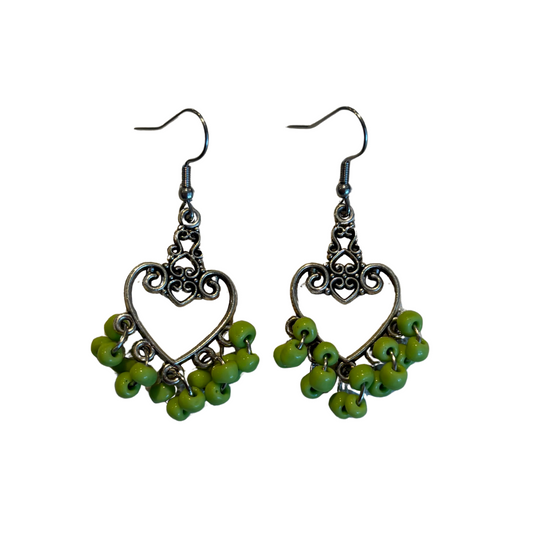Green Seed Bead Heart Earrings